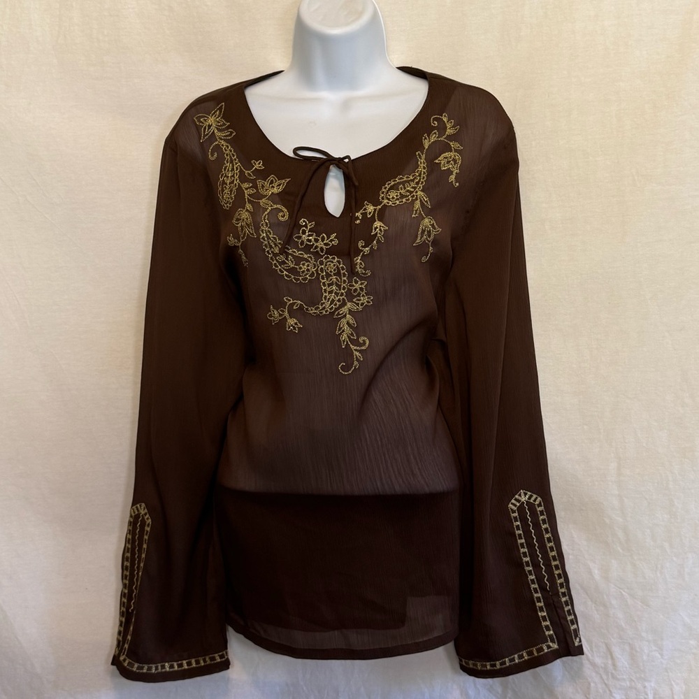 A-114 Koret Brown‎ & Cream Embroidered Sheer Long Sleeve Pullover BlouseSize XLP